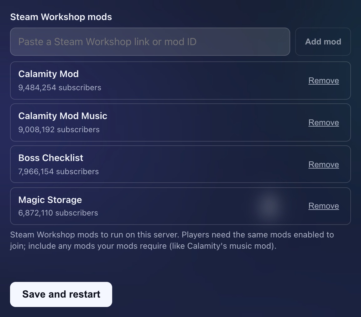 GHosting Steam Workshop mod editor with Calamity Mod, Boss Checklist, and Magic Storage installed